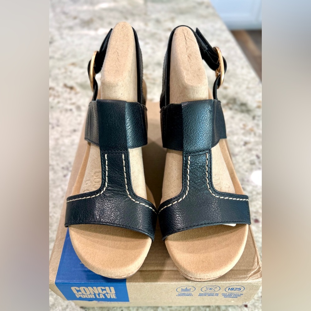 Clarks Collection Black Leather Cork Wedges "NEW" - Picture 4 of 16